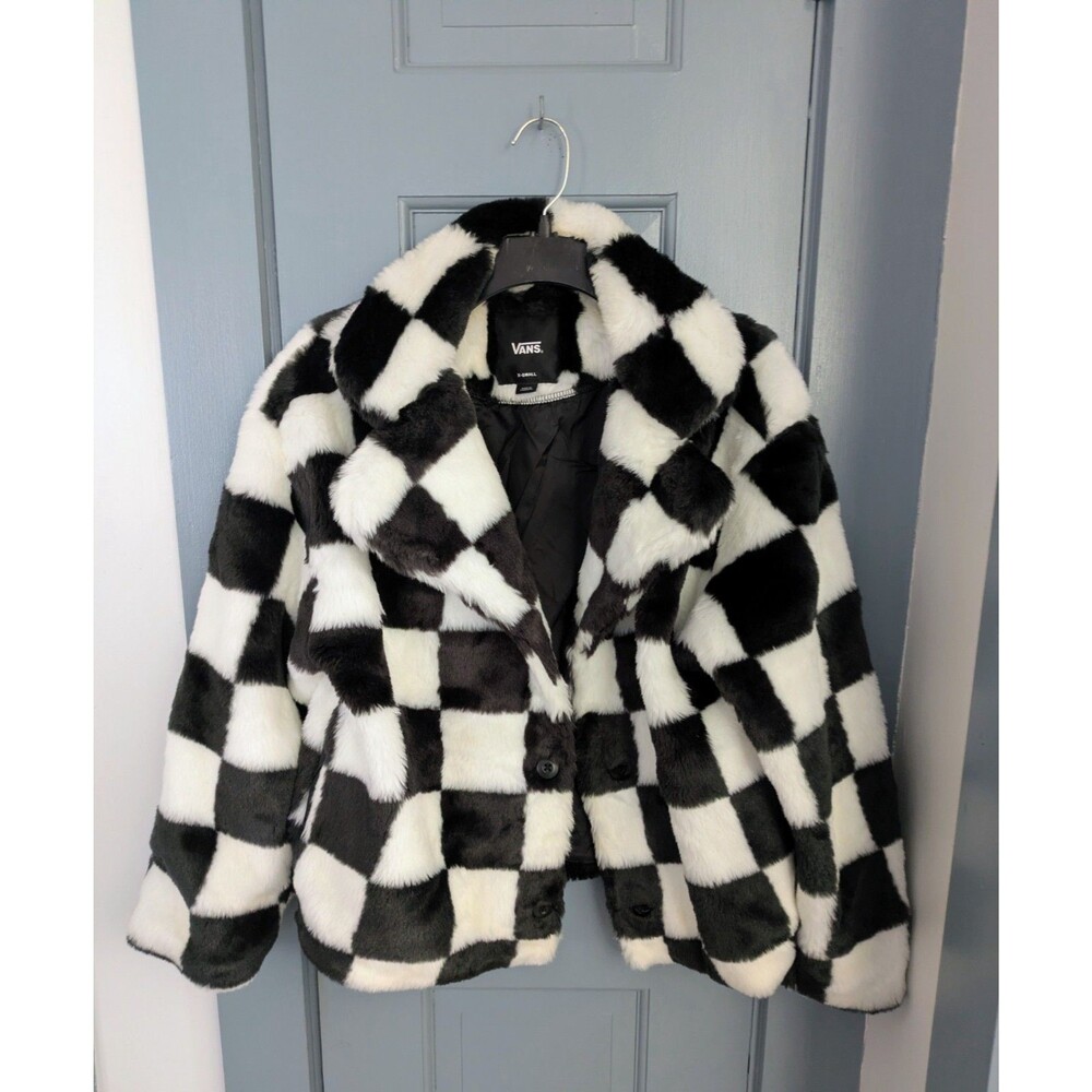 VANS Off The Wall NATALIE JACKET Faux Fur BLACK WHITE CHECKERBOARD XS Skate Coat - Picture 1 of 7